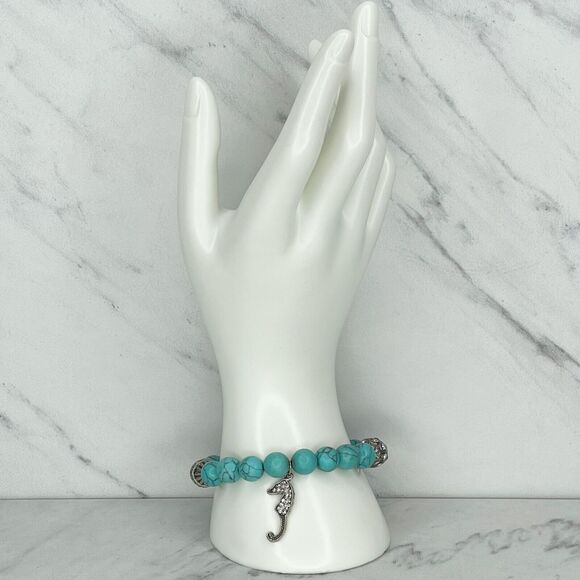 Faux Turquoise Beaded Rhinestone Seahorse Charm Stretch Bracelet - Picture 2 of 8
